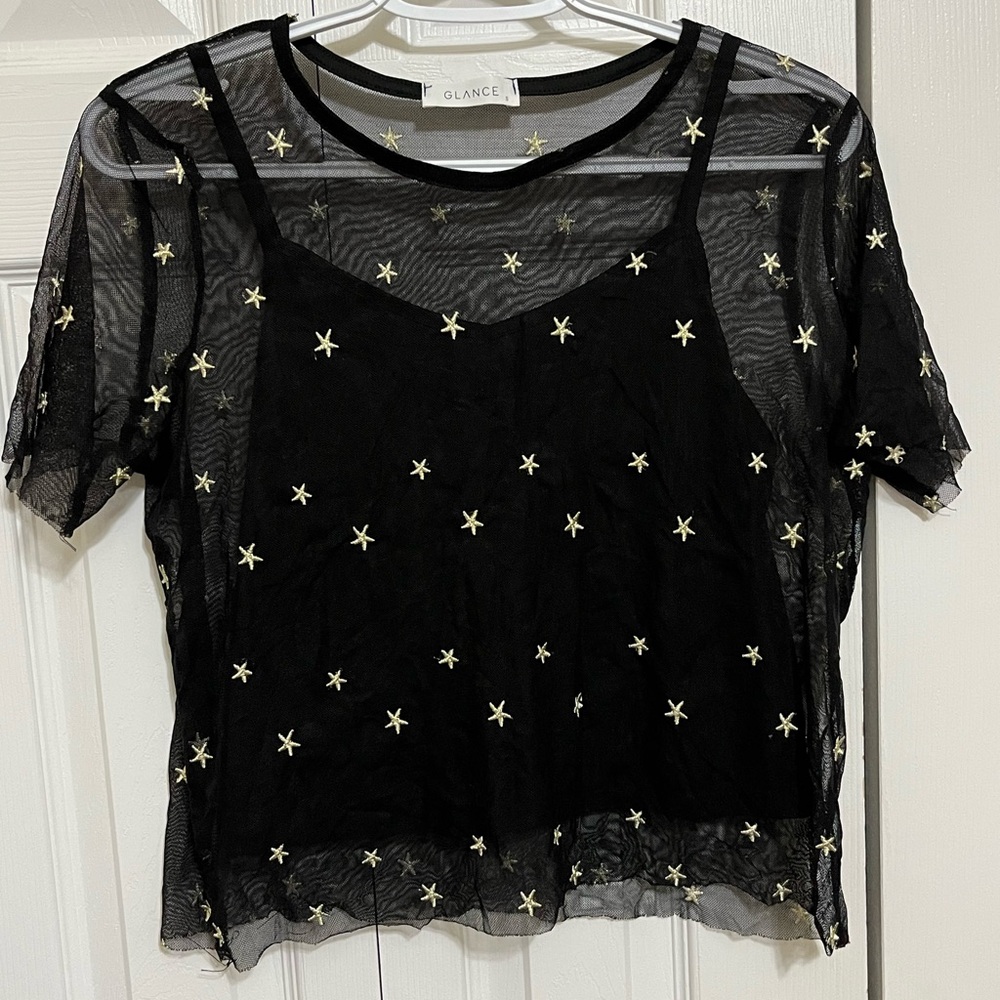 Glance Black Star-Embellished Sheer Layered Camisole